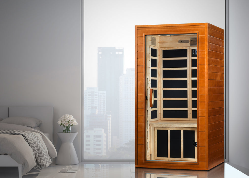 DYN-6103-01 Elite Avila 1-2 Person Ultra Low EMF FAR Infrared Sauna, 1-2 persons, 
Exterior dimensions: 39" W x 36" D x 73" H (add 2" for roof overhang)
Interior dimensions: 36" W x 32" D x 67" H.
Bluetooth, 2 dynamic speakers (no radio)
Interior LED control panel.
 Natural hemlock wood
Electrical service: 120V/15amp
Assembly: Clasp together
Heat emitters: 7 Carbon PureTech™ ultra low EMF panels
Door: Tempered glass
Interior features: Chromotherapy lighting,roof vent.