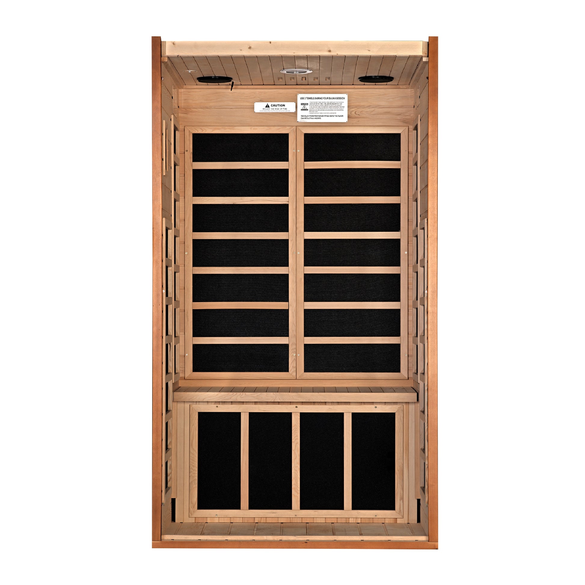 DYN-6103-01 Elite Avila 1-2 Person Ultra Low EMF FAR Infrared Sauna, 1-2 persons, 
Exterior dimensions: 39" W x 36" D x 73" H (add 2" for roof overhang)
Interior dimensions: 36" W x 32" D x 67" H.
Bluetooth, 2 dynamic speakers (no radio)
Interior LED control panel.
 Natural hemlock wood
Electrical service: 120V/15amp
Assembly: Clasp together
Heat emitters: 7 Carbon PureTech™ ultra low EMF panels
Door: Tempered glass
Interior features: Chromotherapy lighting,roof vent.
