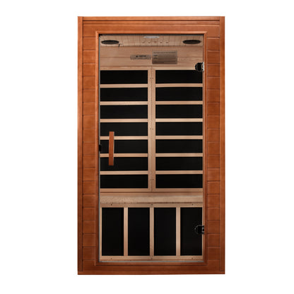DYN-6103-01 Elite Avila 1-2 Person Ultra Low EMF FAR Infrared Sauna, 1-2 persons, 
Exterior dimensions: 39" W x 36" D x 73" H (add 2" for roof overhang)
Interior dimensions: 36" W x 32" D x 67" H.
Bluetooth, 2 dynamic speakers (no radio)
Interior LED control panel.
 Natural hemlock wood
Electrical service: 120V/15amp
Assembly: Clasp together
Heat emitters: 7 Carbon PureTech™ ultra low EMF panels
Door: Tempered glass
Interior features: Chromotherapy lighting,roof vent 
