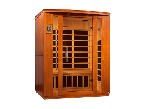  DYN-6306-01 / DYN-6306-02 Dynamic Low EMF Far Infrared Sauna, Bellagio Edition
 3 persons
Exterior dimensions: 60" W x 44" D x 75" H (add 4.4" for roof overhang)
Interior dimensions: 56" W x 40" D x 68" H
 Bluetooth with 2 dynamic speakers (no radio)
 Interior and exterior LED, Natural hemlock wood
Electrical service: 120V/20amp (consult electrician)
Assembly: Clasp together
Heating elements: 9 Carbon low EMF panels
Door: Tempered glass. Interior  Interior chromotherapy (red light therapy),roof vent.