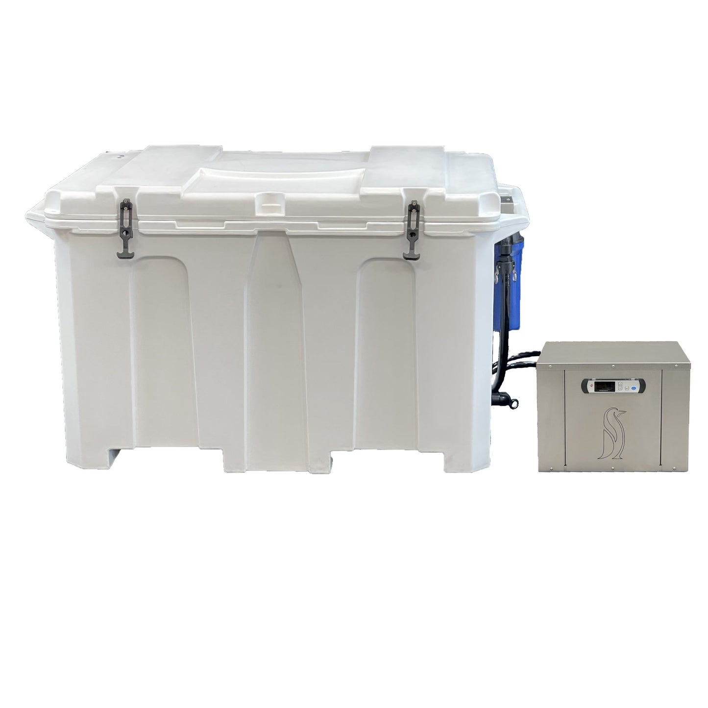 Sauna and Plunge Direct-Penguin Chillers- Cold Therapy Tub and Chiller
100gal insulated tub 54″ x 31″ x 32″ external / 43.5″ x 24.5″ x 24″
Attached filter canister with 150 micron washable / reusable filter
Inline Screen – coarse filter to catch hair and large debris prior to chiller
3/4HP Cold Therapy Chiller with built in pump
Quick connect hoses