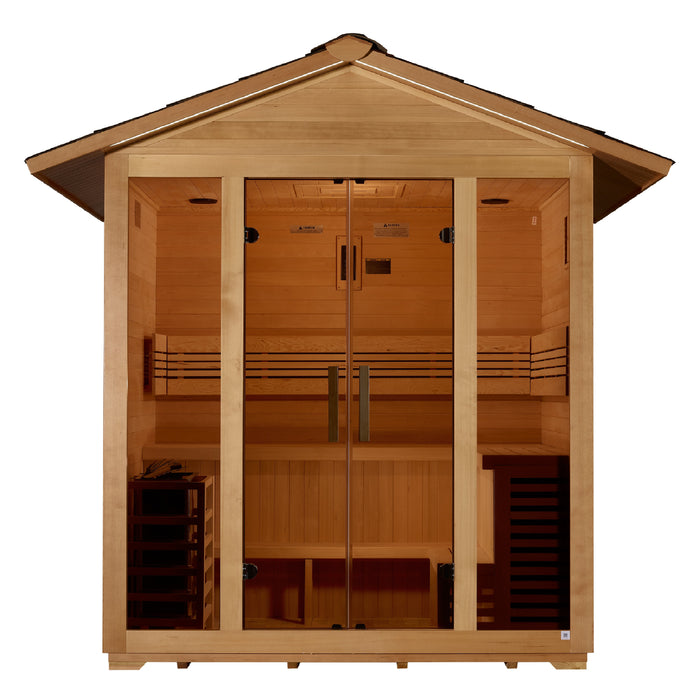 Sauna and Plunge Direct-Vorarlberg- Outdoor5-person capacity
100% natural Canadian hemlock with waterproof exterior stain
Interior chromotherapy and accent lighting
Exterior overhang accent lighting
LED control panel with FM station & Bluetooth
Built-in speakers, sandglass, bucket, scoop
Harvia "WALL" 8KW traditional sauna stove
Electrical: 240V/40AMP (stove), 120V/15AMP (lights & music)
Dimensions (W x D x H): 98.9" x 72.6" x 97.4" (with overhang)
Weight: 1010 lbs (assembled), 1120 lbs (shipping, 10 boxes)