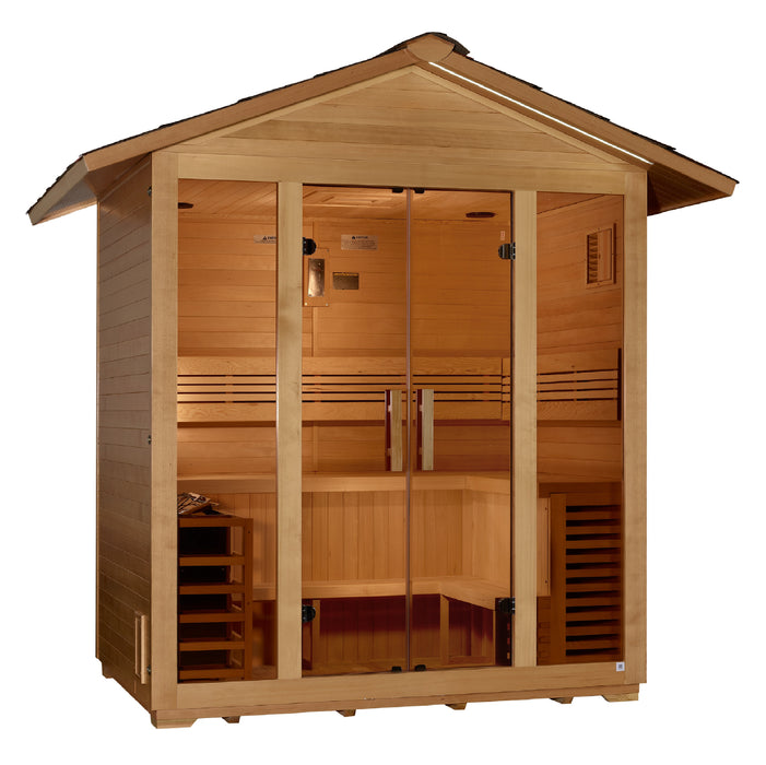 Sauna and Plunge Direct-Vorarlberg- Outdoor5-person capacity
100% natural Canadian hemlock with waterproof exterior stain
Interior chromotherapy and accent lighting
Exterior overhang accent lighting
LED control panel with FM station & Bluetooth
Built-in speakers, sandglass, bucket, scoop
Harvia "WALL" 8KW traditional sauna stove
Electrical: 240V/40AMP (stove), 120V/15AMP (lights & music)
Dimensions (W x D x H): 98.9" x 72.6" x 97.4" (with overhang)
Weight: 1010 lbs (assembled), 1120 lbs (shipping, 10 boxes)