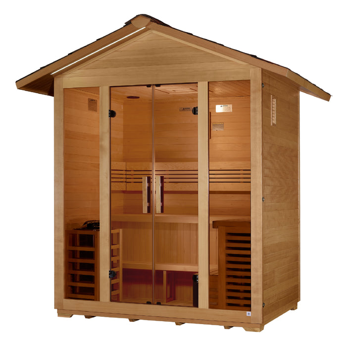 Sauna and Plunge Direct-Vorarlberg- Outdoor5-person capacity
100% natural Canadian hemlock with waterproof exterior stain
Interior chromotherapy and accent lighting
Exterior overhang accent lighting
LED control panel with FM station & Bluetooth
Built-in speakers, sandglass, bucket, scoop
Harvia "WALL" 8KW traditional sauna stove
Electrical: 240V/40AMP (stove), 120V/15AMP (lights & music)
Dimensions (W x D x H): 98.9" x 72.6" x 97.4" (with overhang)
Weight: 1010 lbs (assembled), 1120 lbs (shipping, 10 boxes)