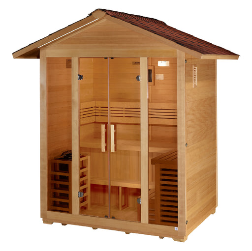 Sauna and Plunge Direct-Vorarlberg- Outdoor5-person capacity
100% natural Canadian hemlock with waterproof exterior stain
Interior chromotherapy and accent lighting
Exterior overhang accent lighting
LED control panel with FM station & Bluetooth
Built-in speakers, sandglass, bucket, scoop
Harvia "WALL" 8KW traditional sauna stove
Electrical: 240V/40AMP (stove), 120V/15AMP (lights & music)
Dimensions (W x D x H): 98.9" x 72.6" x 97.4" (with overhang)
Weight: 1010 lbs (assembled), 1120 lbs (shipping, 10 boxes)