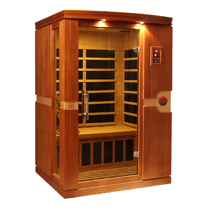 Sauna and Plunge Direct- Golden Design Inc. DYN-6210-01 Dynamic Low EMF Far Infrared Sauna, Venice Edition
2-person capacity
Exterior dimensions: 50" x 42" x 77" (roof overhang: +4.2")
Interior dimensions: 43" x 37" x 70"
Bluetooth, 2 dynamic speakers (no radio included)
LED control panels (interior and exterior)
Natural hemlock wood
Electrical: 120V/15amp
Clasp-together assembly
6 carbon low EMF heat emitters
Tempered glass door
Interior chromotherapy lighting (red light feature starting in 2024)
Roof vent