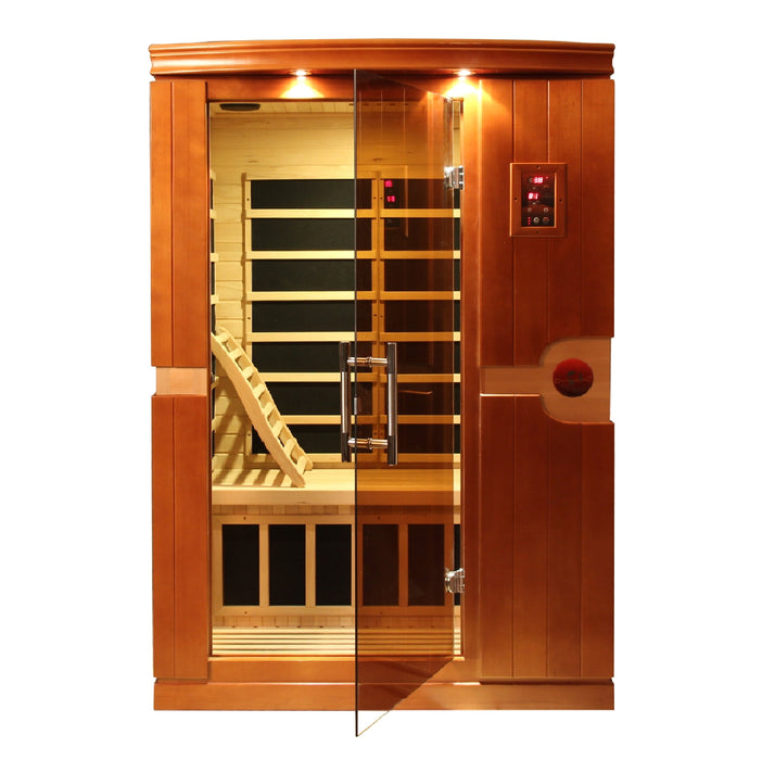 Sauna and Plunge Direct- Golden Design Inc. DYN-6210-01 Dynamic Low EMF Far Infrared Sauna, Venice Edition
2-person capacity
Exterior dimensions: 50" x 42" x 77" (roof overhang: +4.2")
Interior dimensions: 43" x 37" x 70"
Bluetooth, 2 dynamic speakers (no radio included)
LED control panels (interior and exterior)
Natural hemlock wood
Electrical: 120V/15amp
Clasp-together assembly
6 carbon low EMF heat emitters
Tempered glass door
Interior chromotherapy lighting (red light feature starting in 2024)
Roof vent