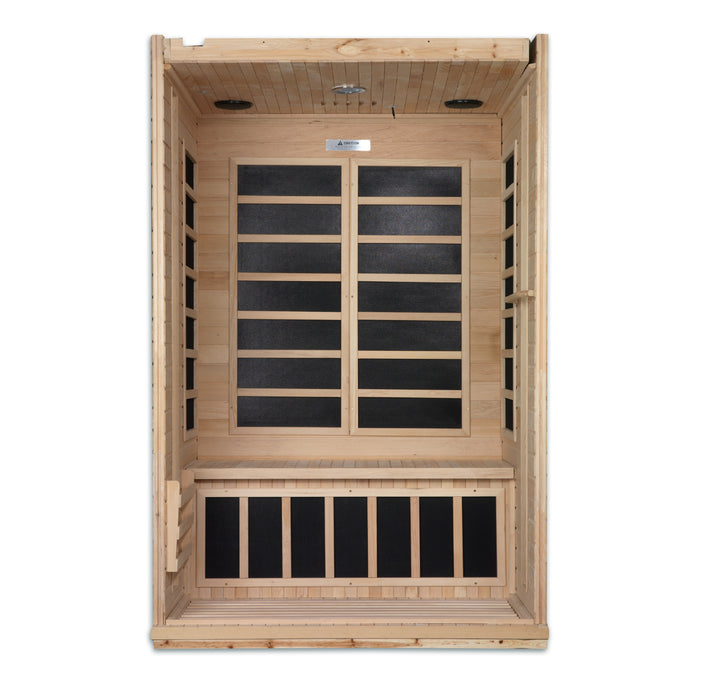 Sauna and Plunge Direct- Golden Design Inc. DYN-6210-01 Dynamic Low EMF Far Infrared Sauna, Venice Edition
2-person capacity
Exterior dimensions: 50" x 42" x 77" (roof overhang: +4.2")
Interior dimensions: 43" x 37" x 70"
Bluetooth, 2 dynamic speakers (no radio included)
LED control panels (interior and exterior)
Natural hemlock wood
Electrical: 120V/15amp
Clasp-together assembly
6 carbon low EMF heat emitters
Tempered glass door
Interior chromotherapy lighting (red light feature starting in 2024)
Roof vent