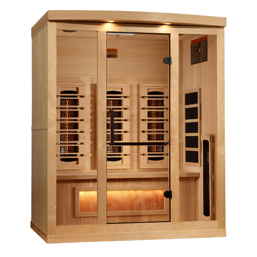 Sauna and Plunge Direct-Golden Designs Inc. 3-person sauna with Canadian Hemlock wood Model number GDI-8030-03. Features: Bluetooth, FM station, and chromotherapy lighting with red light therapy. Features carbon and infrared heat emitters, Himalayan salt bar, bronze tempered glass door, and easy clasp-together assembly. Sauna weight: 390 lbs, ships in 3 boxes.
