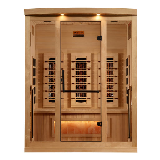 Sauna and Plunge Direct-Golden Designs Inc. 3-person sauna with Canadian Hemlock wood Model number GDI-8030-03. Features: Bluetooth, FM station, and chromotherapy lighting with red light therapy. Features carbon and infrared heat emitters, Himalayan salt bar, bronze tempered glass door, and easy clasp-together assembly. Sauna weight: 390 lbs, ships in 3 boxes.