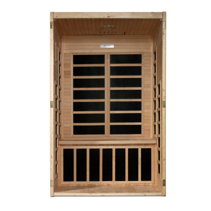 Sauna and Plunge Direct- Golden Designs-DYNAMIC Santiago Low EMF FAR Infrared Indoor Sauna DYN-6209-01 Two Person Natural Hemlock Wood Model: DYN-6209-01 wood, 46" x 40" x 75" exterior, Bluetooth music system, LED control panel, 7 carbon low EMF heaters, tempered glass door, chromotherapy lighting, and roof vent