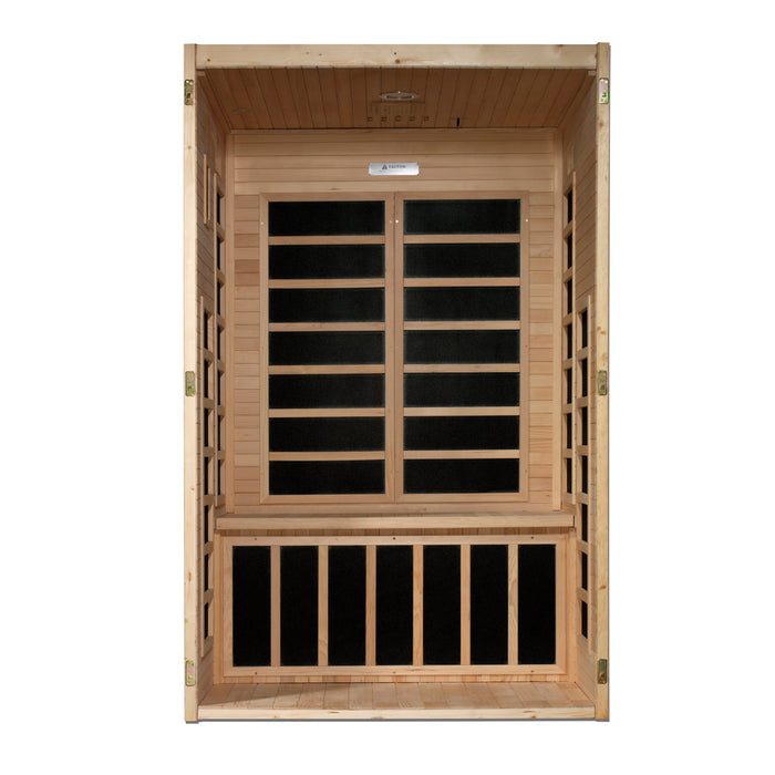 Sauna and Plunge Direct- Golden Designs-DYNAMIC Santiago Low EMF FAR Infrared Indoor Sauna DYN-6209-01 Two Person Natural Hemlock Wood Model: DYN-6209-01 wood, 46" x 40" x 75" exterior, Bluetooth music system, LED control panel, 7 carbon low EMF heaters, tempered glass door, chromotherapy lighting, and roof vent