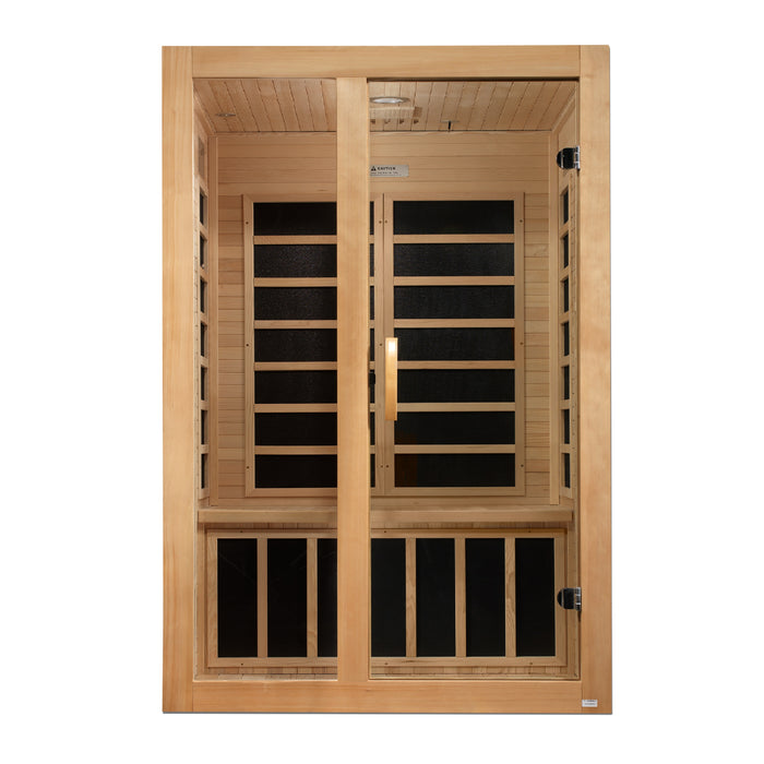 Sauna and Plunge Direct- Golden Designs-DYNAMIC Santiago Low EMF FAR Infrared Indoor Sauna DYN-6209-01 Two Person Natural Hemlock Wood Model: DYN-6209-01 wood, 46" x 40" x 75" exterior, Bluetooth music system, LED control panel, 7 carbon low EMF heaters, tempered glass door, chromotherapy lighting, and roof vent