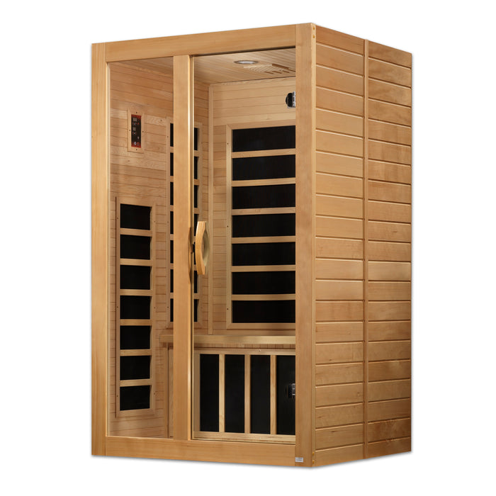 Sauna and Plunge Direct- Golden Designs-DYNAMIC Santiago Low EMF FAR Infrared Indoor Sauna DYN-6209-01 Two Person Natural Hemlock Wood Model: DYN-6209-01 wood, 46" x 40" x 75" exterior, Bluetooth music system, LED control panel, 7 carbon low EMF heaters, tempered glass door, chromotherapy lighting, and roof vent