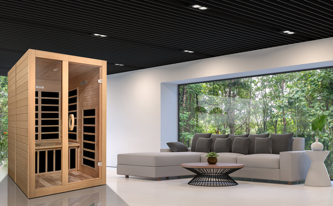 Sauna and Plunge Direct- Golden Designs-DYNAMIC Santiago Low EMF FAR Infrared Indoor Sauna DYN-6209-01 2_Person Natural Hemlock Wood Model: DYN-6209-01 wood, 46" x 40" x 75" exterior, Bluetooth music system, LED control panel, 7 carbon low EMF heaters, tempered glass door, chromotherapy lighting, and roof vent
