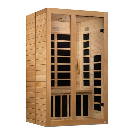 Sauna and Plunge Direct- Golden Designs-DYNAMIC Santiago Low EMF FAR Infrared Indoor Sauna DYN-6209-01 2_Person Natural Hemlock Wood Model: DYN-6209-01 wood, 46" x 40" x 75" exterior, Bluetooth music system, LED control panel, 7 carbon low EMF heaters, tempered glass door, chromotherapy lighting, and roof vent