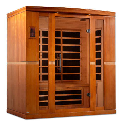 Sauna and Plunge Direct- Golden Designs Inc-DYN-6440-01 Dynamic Low EMF Far Infrared Sauna, Bergamo Edition
4-person
Exterior Dimensions (WDH): 70" x 42" x 75" (add 4.3" for roof overhang)
Interior Dimensions (WDH): 66" x 38" x 69"

 Bluetooth capability, 2 dynamic speakers (pre-amp, no radio)
 Interior and exterior LED
 Natural hemlock wood 
 120V/20amp (consult a certified electrician)
Assembly: Clasp together
8 Carbon Low EMF heat panels
Tempered glass, Chromotherapy, red light therapy,roof vent