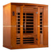Sauna and Plunge Direct- Golden Designs Inc-DYN-6440-01 Dynamic Low EMF Far Infrared Sauna, Bergamo Edition
4-person
Exterior Dimensions (WDH): 70" x 42" x 75" (add 4.3" for roof overhang)
Interior Dimensions (WDH): 66" x 38" x 69"

 Bluetooth capability, 2 dynamic speakers (pre-amp, no radio)
 Interior and exterior LED
 Natural hemlock wood 
 120V/20amp (consult a certified electrician)
Assembly: Clasp together
8 Carbon Low EMF heat panels
Tempered glass, Chromotherapy, red light therapy,roof vent