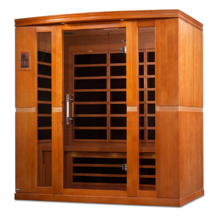Sauna and Plunge Direct-Golden Designs Inc-DYN-6440-01 Dynamic Low EMF Far Infrared Sauna Bergamo 
4-person
Exterior Dimensions (WDH): 70" x 42" x 75" (add 4.3" for roof overhang)
Interior Dimensions (WDH): 66" x 38" x 69"

 Bluetooth capability, 2 dynamic speakers (pre-amp, no radio)
 Interior and exterior LED
 Natural hemlock wood 
 120V/20amp (consult a certified electrician)
Assembly: Clasp together
8 Carbon Low EMF heat panels
Tempered glass, Chromotherapy, red light therapy,roof vent