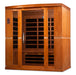 Sauna and Plunge Direct-Golden Designs Inc-DYN-6440-01 Dynamic Low EMF Far Infrared Sauna Bergamo 
4-person
Exterior Dimensions (WDH): 70" x 42" x 75" (add 4.3" for roof overhang)
Interior Dimensions (WDH): 66" x 38" x 69"

 Bluetooth capability, 2 dynamic speakers (pre-amp, no radio)
 Interior and exterior LED
 Natural hemlock wood 
 120V/20amp (consult a certified electrician)
Assembly: Clasp together
8 Carbon Low EMF heat panels
Tempered glass, Chromotherapy, red light therapy,roof vent