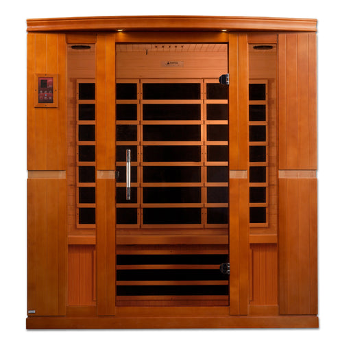 Sauna and Plunge Direct-Golden Designs Inc-DYN-6440-01 Dynamic Low EMF Far Infrared Sauna Bergamo 
4-person
Exterior Dimensions (WDH): 70" x 42" x 75" (add 4.3" for roof overhang)
Interior Dimensions (WDH): 66" x 38" x 69"

 Bluetooth capability, 2 dynamic speakers (pre-amp, no radio)
 Interior and exterior LED
 Natural hemlock wood 
 120V/20amp (consult a certified electrician)
Assembly: Clasp together
8 Carbon Low EMF heat panels
Tempered glass, Chromotherapy, red light therapy,roof vent