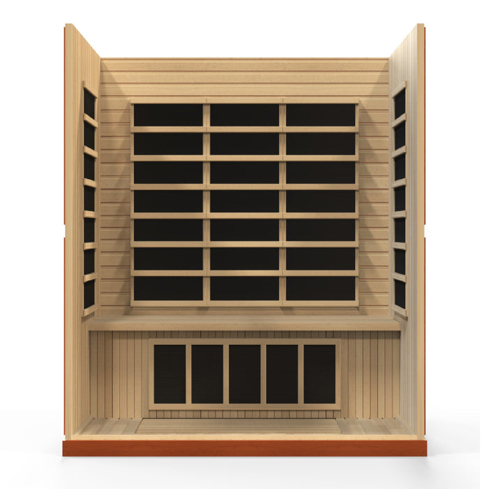Sauna and Plunge Direct-Golden Designs Inc-DYN-6440-01 Dynamic Low EMF Far Infrared Sauna Bergamo 
4-person
Exterior Dimensions (WDH): 70" x 42" x 75" (add 4.3" for roof overhang)
Interior Dimensions (WDH): 66" x 38" x 69"

 Bluetooth capability, 2 dynamic speakers (pre-amp, no radio)
 Interior and exterior LED
 Natural hemlock wood 
 120V/20amp (consult a certified electrician)
Assembly: Clasp together
8 Carbon Low EMF heat panels
Tempered glass, Chromotherapy, red light therapy,roof vent