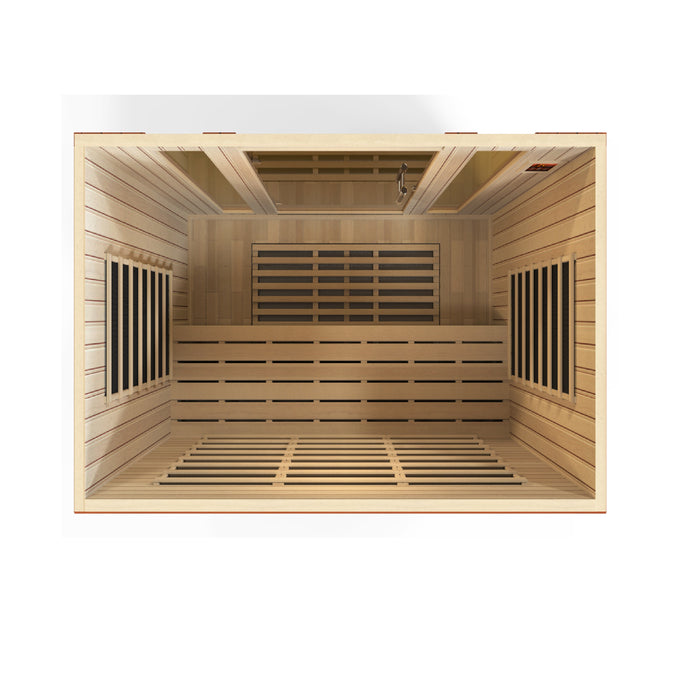 Sauna and Plunge Direct-Golden Designs Inc-DYN-6440-01 Dynamic Low EMF Far Infrared Sauna Bergamo 
4-person
Exterior Dimensions (WDH): 70" x 42" x 75" (add 4.3" for roof overhang)
Interior Dimensions (WDH): 66" x 38" x 69"

 Bluetooth capability, 2 dynamic speakers (pre-amp, no radio)
 Interior and exterior LED
 Natural hemlock wood 
 120V/20amp (consult a certified electrician)
Assembly: Clasp together
8 Carbon Low EMF heat panels
Tempered glass, Chromotherapy, red light therapy,roof vent