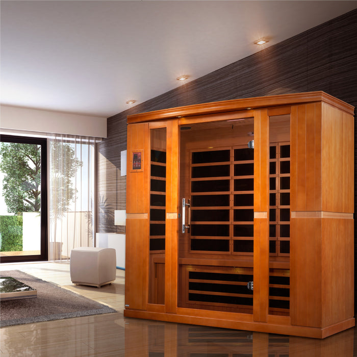 Sauna and Plunge Direct- Golden Designs Inc-DYN-6440-01 Dynamic Low EMF Far Infrared Sauna, Bergamo Edition
4-person
Exterior Dimensions (WDH): 70" x 42" x 75" (add 4.3" for roof overhang)
Interior Dimensions (WDH): 66" x 38" x 69"

 Bluetooth capability, 2 dynamic speakers (pre-amp, no radio)
 Interior and exterior LED
 Natural hemlock wood 
 120V/20amp (consult a certified electrician)
Assembly: Clasp together
8 Carbon Low EMF heat panels
Tempered glass, Chromotherapy, red light therapy,roof vent