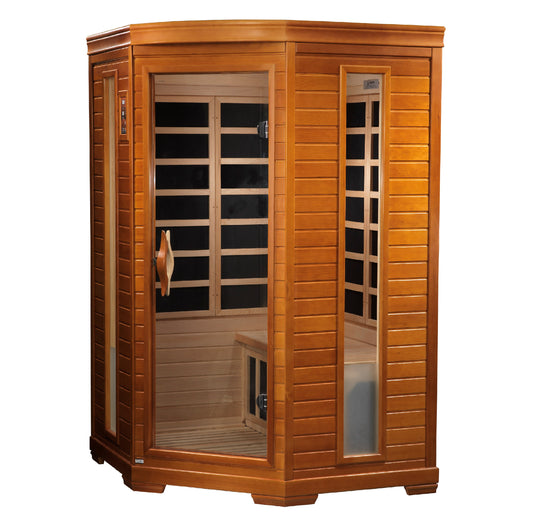 Sauna and Plunge Direct- Golden Designs Inc.-DYN-6225-02 Dynamic Low EMF Far Infrared Sauna, Heming Edition. 2-person corner sauna
Exterior dimensions: 49" x 48" x 76" (add 2" for roof overhang)
Interior dimensions: 43" x 45" x 68"
FM radio, Bluetooth, MP3
LED control panels (interior and exterior)
Natural hemlock wood construction
Electrical: 120V/15amp
Easy clasp assembly
7 Carbon Low EMF heat emitters
Tempered glass door
Interior chromotherapy lighting (Red Light Therapy)
Roof vent
Model: DYN-6225-0