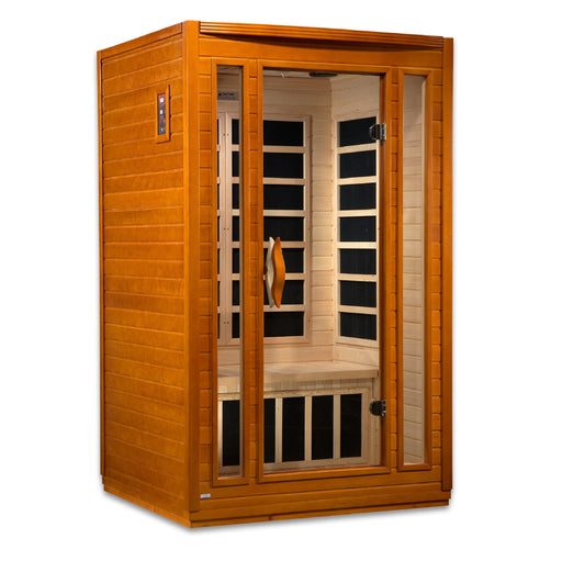 Sauna_and_Plunge_Direct-DYN-6206-01 Sauna- San Marino Elite Edition.
 2 persons
Exterior dimensions: 47" W x 42" D x 75" H (add 2" for roof overhang)
Interior dimensions: 43" W x 37" D x 68" H, Bluetooth, 2 dynamic speakers (no radio)
Control panels: Interior and exterior LED
Construction: Natural hemlock wood
Electrical service: 120V/15amp
Assembly: Clasp together
Heating elements: 6 Carbon low EMF panels
Door: Tempered glass
Lighting: Interior chromotherapy (red light therapy starting in 2024)
Roof vent