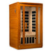 Sauna_and_Plunge_Direct-DYN-6206-01 Sauna- San Marino Elite Edition.
 2 persons
Exterior dimensions: 47" W x 42" D x 75" H (add 2" for roof overhang)
Interior dimensions: 43" W x 37" D x 68" H, Bluetooth, 2 dynamic speakers (no radio)
Control panels: Interior and exterior LED
Construction: Natural hemlock wood
Electrical service: 120V/15amp
Assembly: Clasp together
Heating elements: 6 Carbon low EMF panels
Door: Tempered glass
Lighting: Interior chromotherapy (red light therapy starting in 2024)
Roof vent
