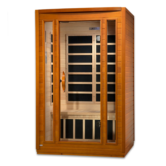 Sauna_and_Plunge_Direct-DYN-6206-01 Sauna- San Marino Elite Edition.
 2 persons
Exterior dimensions: 47" W x 42" D x 75" H (add 2" for roof overhang)
Interior dimensions: 43" W x 37" D x 68" H, Bluetooth, 2 dynamic speakers (no radio)
Control panels: Interior and exterior LED
Construction: Natural hemlock wood
Electrical service: 120V/15amp
Assembly: Clasp together
Heating elements: 6 Carbon low EMF panels
Door: Tempered glass
Lighting: Interior chromotherapy (red light therapy starting in 2024)
Roof vent