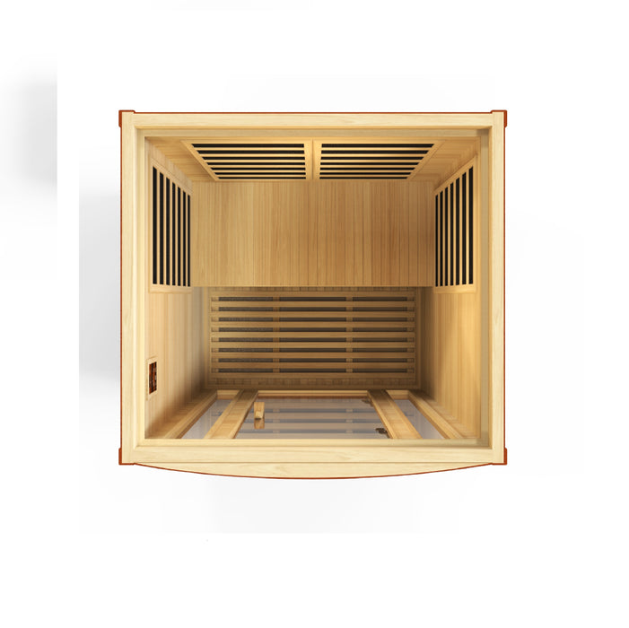 Sauna_and_Plunge_Direct-DYN-6206-01 Sauna- San Marino Elite Edition.
 2 persons
Exterior dimensions: 47" W x 42" D x 75" H (add 2" for roof overhang)
Interior dimensions: 43" W x 37" D x 68" H, Bluetooth, 2 dynamic speakers (no radio)
Control panels: Interior and exterior LED
Construction: Natural hemlock wood
Electrical service: 120V/15amp
Assembly: Clasp together
Heating elements: 6 Carbon low EMF panels
Door: Tempered glass
Lighting: Interior chromotherapy (red light therapy starting in 2024)
Roof vent