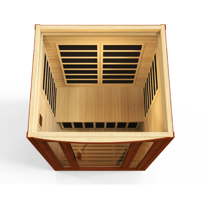 Sauna_and_Plunge_Direct-DYN-6206-01 Sauna- San Marino Elite Edition.
 2 persons
Exterior dimensions: 47" W x 42" D x 75" H (add 2" for roof overhang)
Interior dimensions: 43" W x 37" D x 68" H, Bluetooth, 2 dynamic speakers (no radio)
Control panels: Interior and exterior LED
Construction: Natural hemlock wood
Electrical service: 120V/15amp
Assembly: Clasp together
Heating elements: 6 Carbon low EMF panels
Door: Tempered glass
Lighting: Interior chromotherapy (red light therapy starting in 2024)
Roof vent