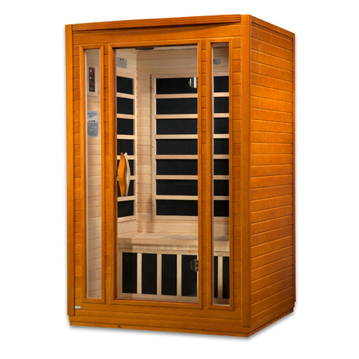 Sauna_and_Plunge_Direct-DYN-6206-01 Sauna- San Marino Elite Edition.
 2 persons
Exterior dimensions: 47" W x 42" D x 75" H (add 2" for roof overhang)
Interior dimensions: 43" W x 37" D x 68" H, Bluetooth, 2 dynamic speakers (no radio)
Control panels: Interior and exterior LED
Construction: Natural hemlock wood
Electrical service: 120V/15amp
Assembly: Clasp together
Heating elements: 6 Carbon low EMF panels
Door: Tempered glass
Lighting: Interior chromotherapy (red light therapy starting in 2024)
Roof vent