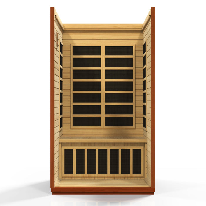 Sauna_and_Plunge_Direct-DYN-6206-01 Sauna- San Marino Elite Edition.
 2 persons
Exterior dimensions: 47" W x 42" D x 75" H (add 2" for roof overhang)
Interior dimensions: 43" W x 37" D x 68" H, Bluetooth, 2 dynamic speakers (no radio)
Control panels: Interior and exterior LED
Construction: Natural hemlock wood
Electrical service: 120V/15amp
Assembly: Clasp together
Heating elements: 6 Carbon low EMF panels
Door: Tempered glass
Lighting: Interior chromotherapy (red light therapy starting in 2024)
Roof vent 