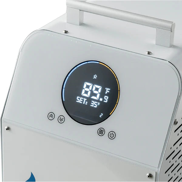 Cooling & Heating – Up to 150 gal
1.0 HP Compressor – Fast, efficient cooling
Temp Range – 37°F to 85°F
Cooling Speed – 1-3°F every 20 min
Self-Priming Pump – Built-in circulation
Two-Stage Filtration – 20-micron filters
Ozone Sanitation – Automated cleaning
Digital Touch Screen – Splash-proof
Wi-Fi Control – Tuya Smart app
Indoor/Outdoor Use – Covered areas
120V Power – Built-in GFCI
Quick Connect – Hoses & filter kit
Compact – 14"(W) x 21"(D) x 21"(H), 78 lbs
Warranty – 1 year, lifetime support