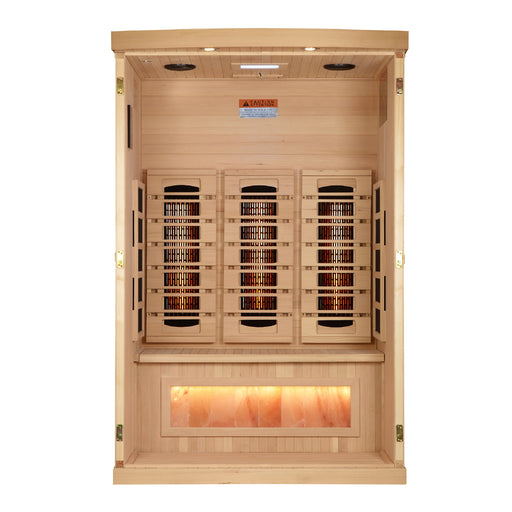 Sauna and Plunge Direct -Golden Designs Inc-2025 Reserve Edition Full Spectrum with Himalayan Salt Bar-GDI-8020-03
2-person sauna, Canadian Hemlock wood, Bluetooth, chromotherapy lighting, bronze tempered glass door,carbon and infrared heat emitters, Himalayan salt bar, touch screen control. Easy assembly
