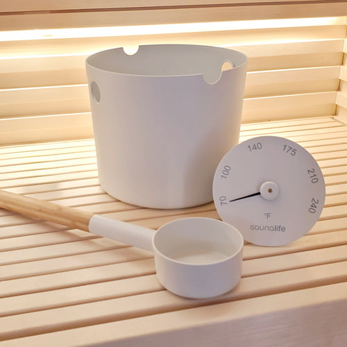 SaunaLife Bucket and Ladle Package 2 – Traditional White Sauna Accessory Set (Premium Bucket, Bamboo Ladle, Timer & Thermometer)
