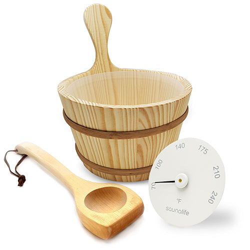 SaunaLife Accessory Package 4 Wooden 1-Gallon Sauna Bucket Set with Wood Ladle and Thermometer