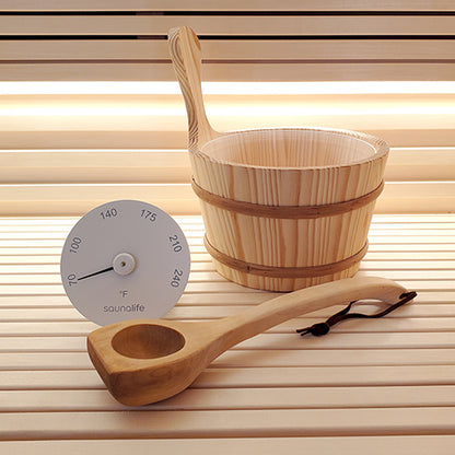 SaunaLife Accessory Package 4 Wooden 1-Gallon Sauna Bucket Set with Wood Ladle and Thermometer