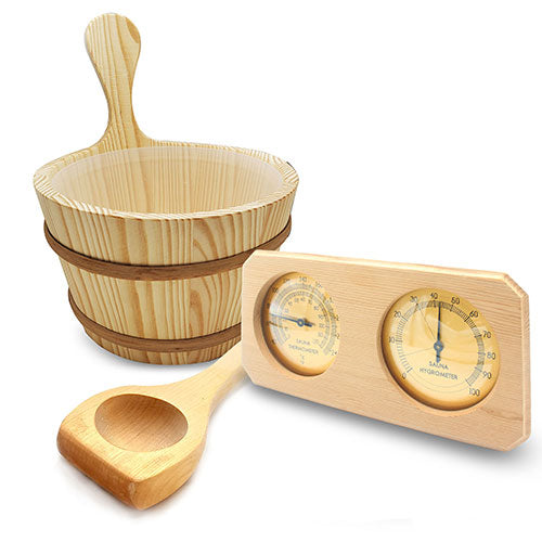 SaunaLife Accessory Package 8 Wooden 1-Gallon Sauna Bucket, Wood Ladle, Thermometer/Hygrometer