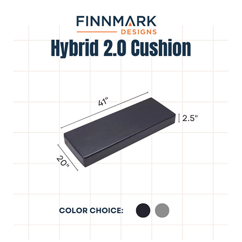 Finnmark Designs Hybrid 2.0 sauna cushion shown with dimensions 41 by 20 by 2.5 inches and two color options