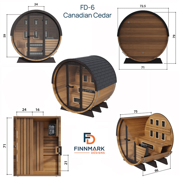 Finnmark FD-6 Outdoor Hybrid Barrel Sauna – Infrared & Traditional 6x6 Canadian Cedar