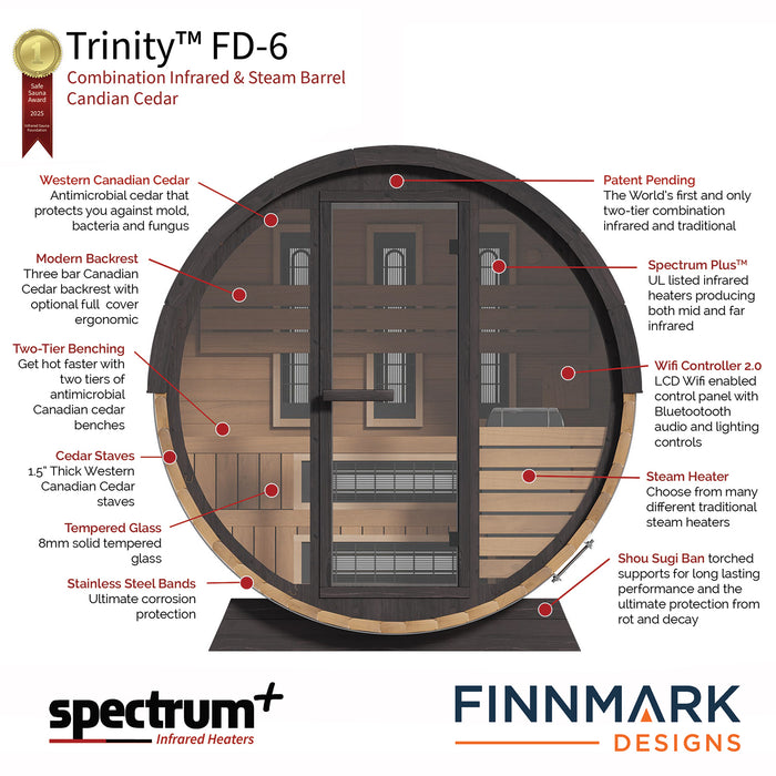 Finnmark FD-6 Outdoor Hybrid Barrel Sauna – Infrared & Traditional 6x6 Canadian Cedar