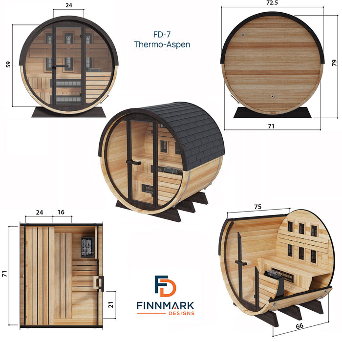 Finnmark FD-7 Outdoor Hybrid Barrel Sauna – Infrared & Traditional 6x6 Thermo-Aspen