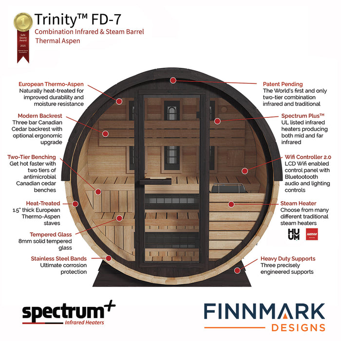 Finnmark FD-7 Outdoor Hybrid Barrel Sauna – Infrared & Traditional 6x6 Thermo-Aspen