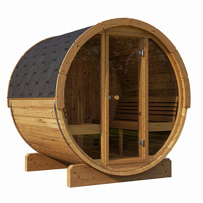 SaunaLife Model E7G Outdoor Traditional Barrel Sauna | ERGO Series | Glass Front |4-Person