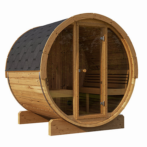 SaunaLife Model E7G Outdoor Traditional Barrel Sauna | ERGO Series | Glass Front |4-Person