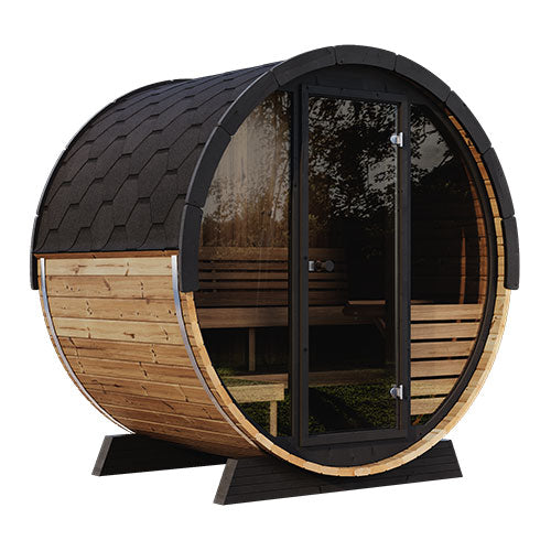 PRE-ORDER MAY 2026:  SaunaLife Model EE6G Traditional Outdoor Barrel Sauna | Ergo Elegance Series | Glass Front | 4-Person